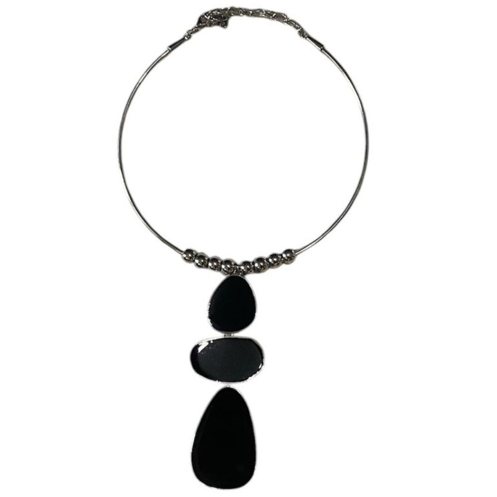 Chicos C 1946 Statement Necklace Black Enamel Silver Collar Choker Wire Chain